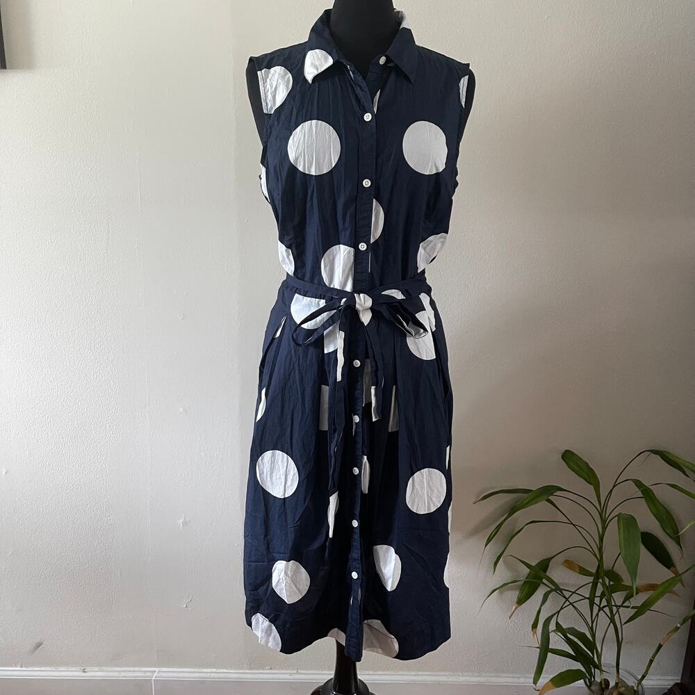 Talbots Poplin Sleeveless Polka Dot Shirt Dress Pockets Tie Belt 16 Flaw